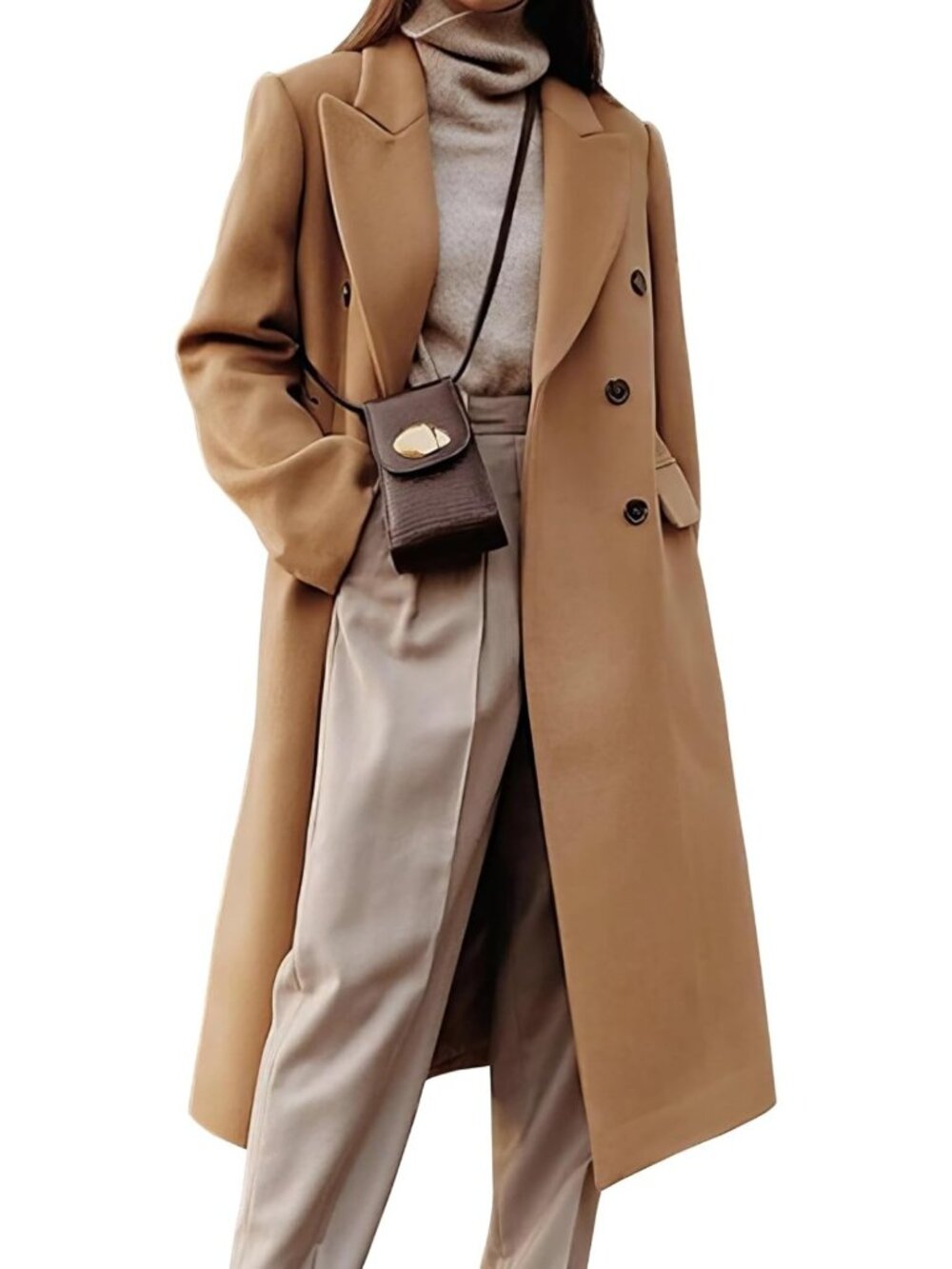 Wool Blend Long Peacoat Camel Double Breasted Winter Trench Coat